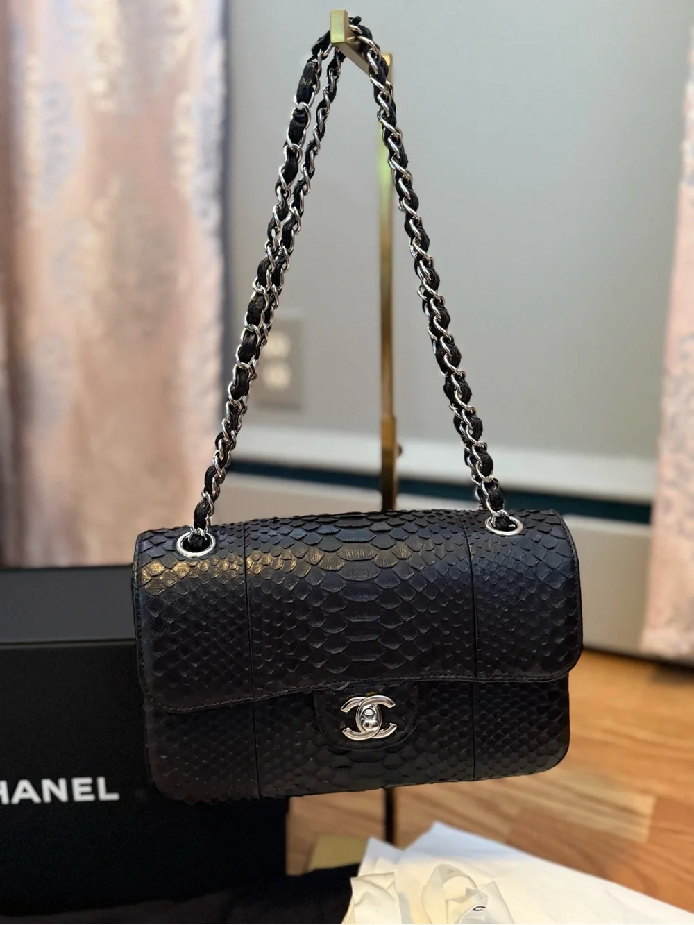 CHANEL Black Quilted Python  Shoulder Bag